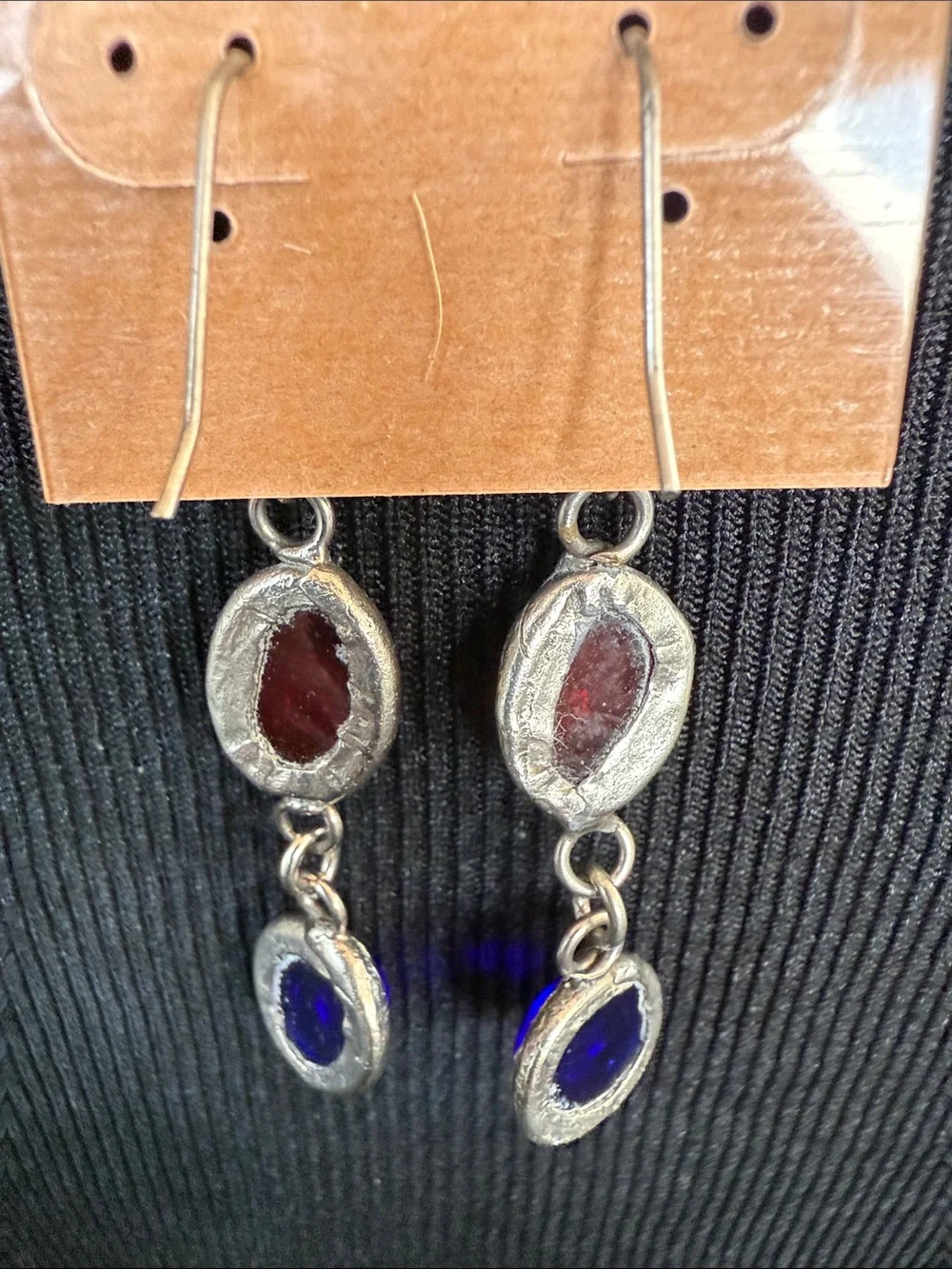 Vintage silver plated Red and Blue Glass Drop Earrings handcrafted.